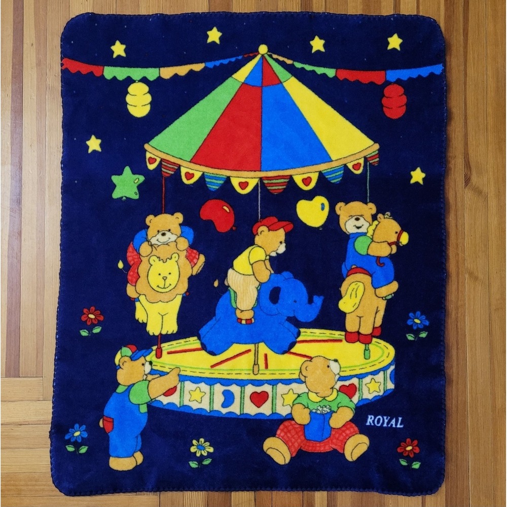Vtg Baby Blanket Teddy Bear Marry Go Round Carnival Mink Plush Navy Blue RARE